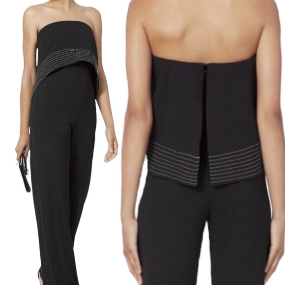 Intermix Strapless Jumpsuit Size L Overlay Straight Leg White Stiching Black - Picture 1 of 13